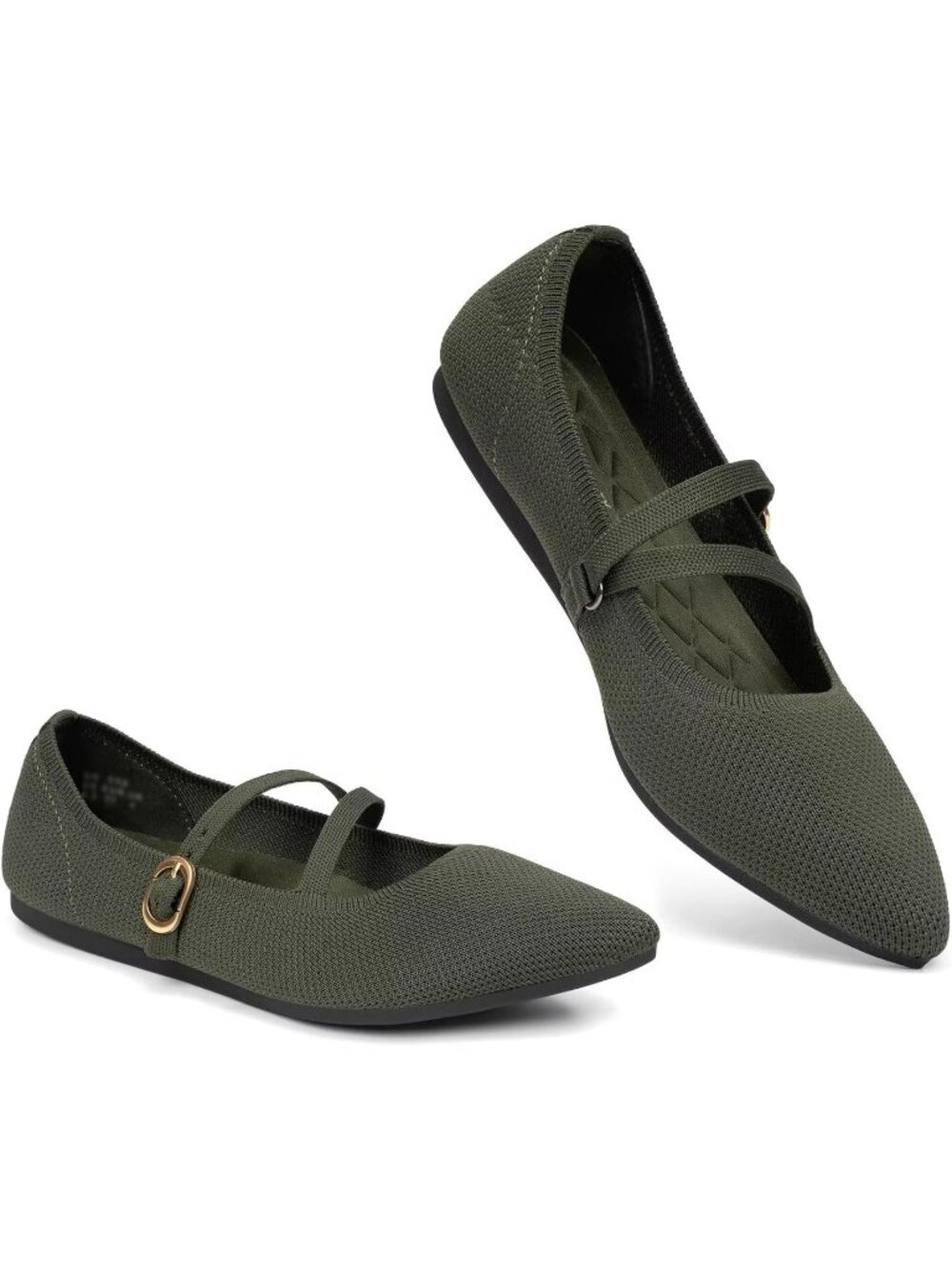 Women's Dark Green Comfortable Mary Jane Knit Pointed Toe Ballet Flats Shoes